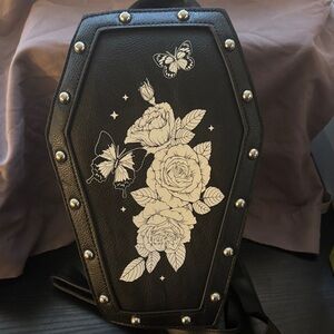 Hot Topic Black Coffin Backpack with Floral and Butterfly Design